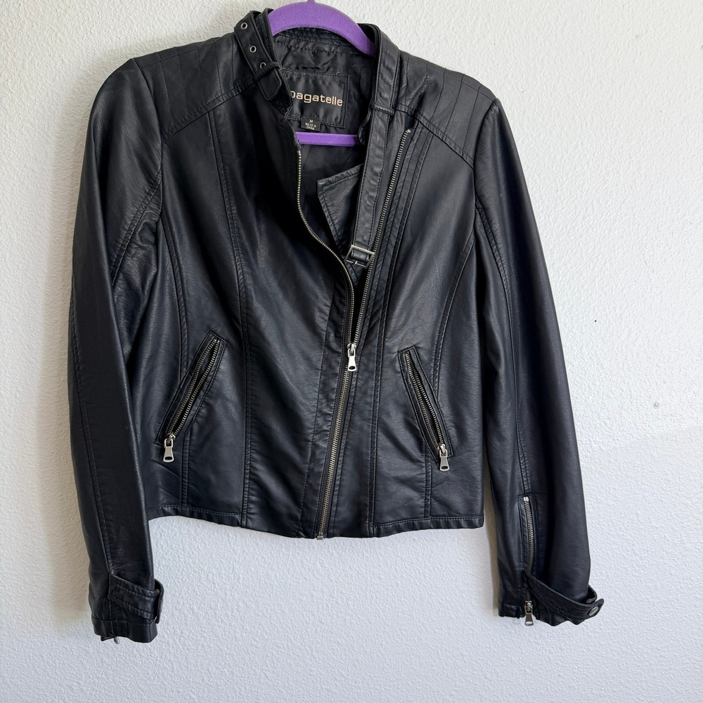 Bagatelle Black Faux Leather Moto Biker Jacket Asymmetrical Zip Women Medium